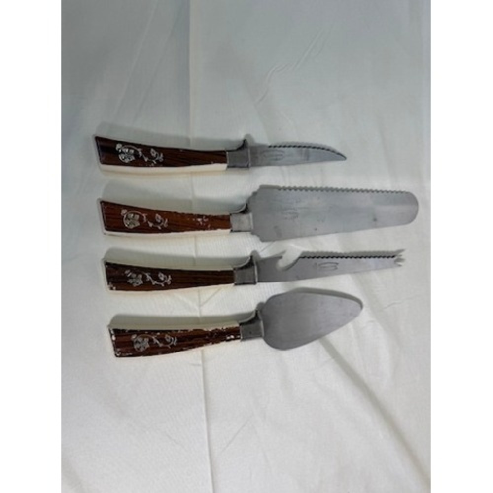 Lifetime Cutlery Sheffield England Serving Set 4pc Faux Wood Floral Inlay Fair